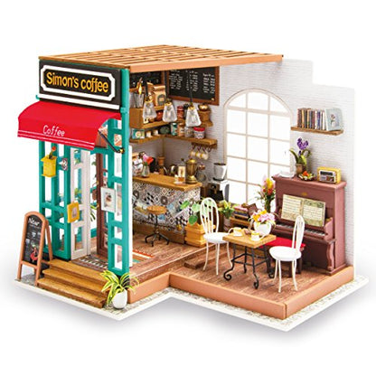 Hands Craft DIY Miniature Dollhouse Kit - Simon's Coffee 3D Model Tiny House Building with LED Lights Wood Prefabricated Pieces Puzzle 1:24 Scale