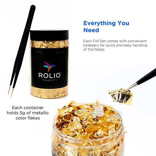 Rolio Metallic Foil Flakes, 3 Bottles (Gold, Copper, and Silver), Imitation Gold Foil Flakes for Epoxy, Nail Art, Painting, DIY Arts & Crafts, Slime, Rolio