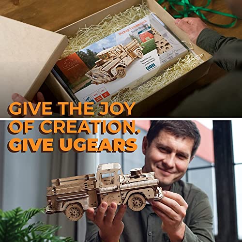 UGEARS Pickup Lumberjack 3D Puzzle - Classic 1950s Pickup Truck 3D Wooden Puzzles for Adults and Kids with Powerful Spring Motor - Detailed Car Model UGEARS