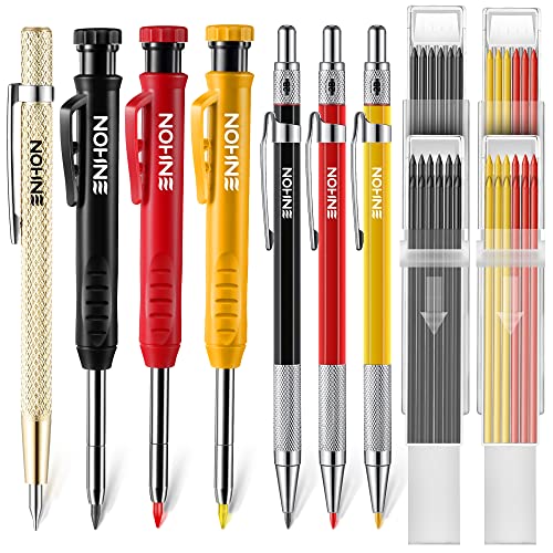 Enhon Mechanical Carpenter Pencils Set with Marker Refills and Carbide Scriber Tool, Solid Deep Hole Woodworking Pencils Marker Marking Tools with