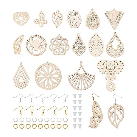 32pcs Wooden Earring Charms Unfinished Natural Wood Filigree Pendants in Butterfly Teardrop Flower Leaf Elephant Heart Shape with Ear Hooks & Ear EEE ELECRELIVE
