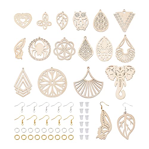 32pcs Wooden Earring Charms Unfinished Natural Wood Filigree Pendants in Butterfly Teardrop Flower Leaf Elephant Heart Shape with Ear Hooks & Ear - WoodArtSupply