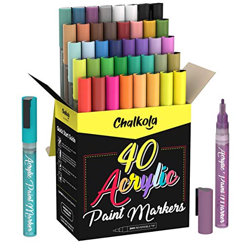 Chalkola 40 Acrylic Paint Pens Fine Tip for Rock Painting, Canvas, Ceramic, Glass, Fabric, Metal - Acrylic Paint Markers for Wood & Plastic - 40 - WoodArtSupply