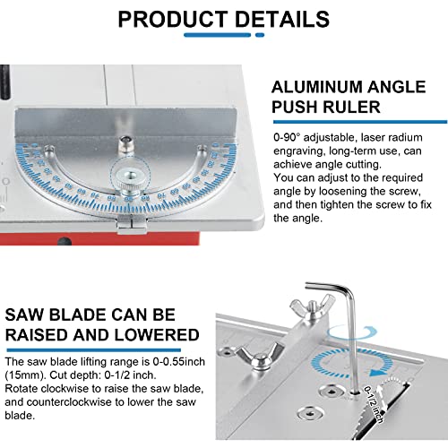 Mini Table Saw Small Precision Hobby Table Saw, 1/2" Adjustable Cut Depth, w/Chuck, Sanding Disc, 96W Adjustable Speed Power Supply, for