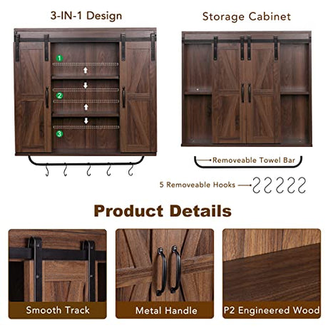 RUSTOWN Rustic Wood Wall Storage Cabinet with Two Sliding Barn Door, 3-Tier Decorative Farmhouse Vintage Cabinet for Kitchen Dining, Bathroom, Living RUSTOWN