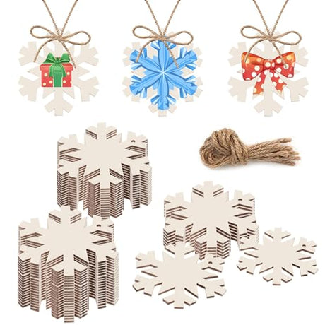 50PCS Unfinished Wood kit with Holes, Wood Slice for DIY Crafts, Blank Snow Wood Cutouts Wooden Tags Ornaments for Sign Gift Tags, Christmas Waeceip