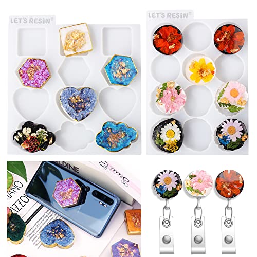 LET'S RESIN 2Pcs Resin Mold, 24 Cavities Badge Reel Molds for Resin, Phone Grip Mold for UV Resin,Epoxy Resin,Casting Molds for DIY Resin Keychain - WoodArtSupply