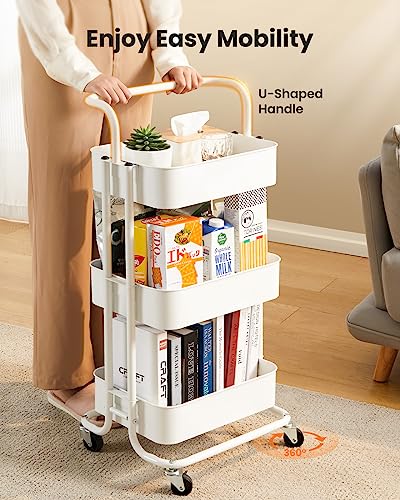 Pipishell 3 Tier Mesh Utility Cart, Rolling Metal Organization Cart with Handle and Lockable Wheels, Multifunctional Storage Shelves for Kitchen Pipishell