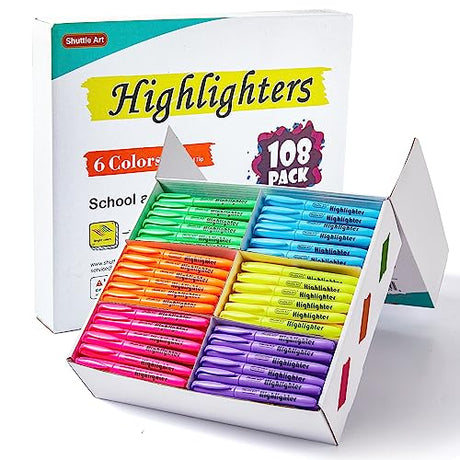 Shuttle Art 108 Pack Highlighters, Highlighters Assorted Colors Set, 6 Bright Colors Chisel Tip Dry-Quickly Non-Toxic Highlighter Markers Bulk for Shuttle Art