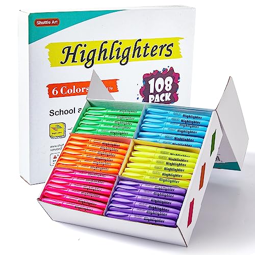 Shuttle Art 108 Pack Highlighters, Highlighters Assorted Colors Set, 6 Bright Colors Chisel Tip Dry-Quickly Non-Toxic Highlighter Markers Bulk for - WoodArtSupply