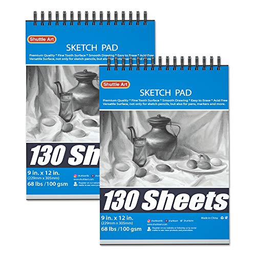 Shuttle Art 9”x12” Sketch Pad, 260 Sheets (68lb/100gsm) Drawing Pad, Pack of 2, 130 Sheets Each, Spiral Bound Sketch Book, Durable Acid-Free Drawing Shuttle Art
