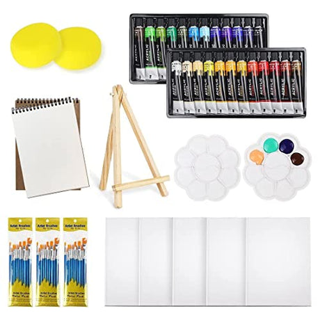 Colorful Acrylic Painting Kit - Paint Supplies Set with 24 Colors, 30 Brushes, 5 Canvases, 1 Pad, 2 Palette, 2 Sponge & 1 Wood Easel - Art Acrylic Colorful