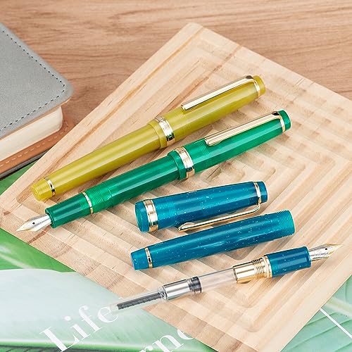 Jinhao 82 Acrylic Fountain Pen, Iridium Extra Fine Nib with Ink Converter, Transparent Peacock Blue Fluorescent Classic Design Smooth Writing Pen Wikult