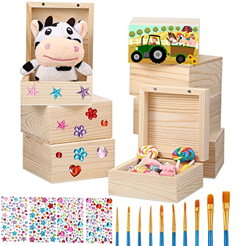 22 Pcs Unfinished Wood Box for Crafts with Magnetic Hinged Lid 3.5 x 3.5 x 2 Inch Wooden Square Paintable Box with 10 Pcs Paint Brushes 4 Sheets Roowest