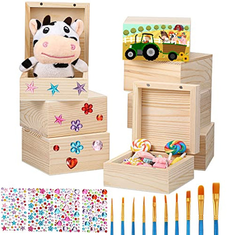 22 Pcs Unfinished Wood Box for Crafts with Magnetic Hinged Lid 3.5 x 3.5 x 2 Inch Wooden Square Paintable Box with 10 Pcs Paint Brushes 4 Sheets Roowest