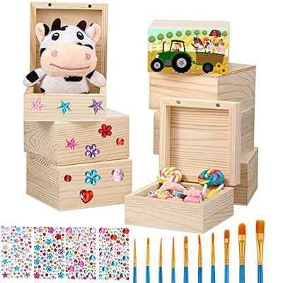 22 Pcs Unfinished Wood Box for Crafts with Magnetic Hinged Lid 3.5 x 3.5 x 2 Inch Wooden Square Paintable Box with 10 Pcs Paint Brushes 4 Sheets