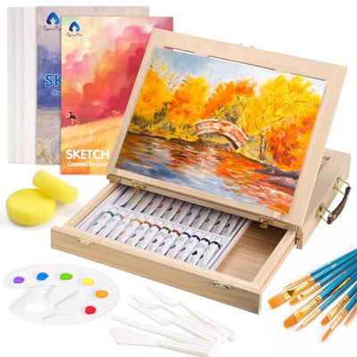 Painting Supplies Set, 49 Pieces Watercolor Painting Kit with Wooden Tabletop Easel, Includes Watercolor Paints, Brushes, Palette, Canvas Panels and