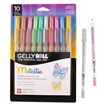 SAKURA Gelly Roll Metallic Gel Pens - Pens for Scrapbook, Journals, or Drawing - Colored Metallic Ink - Medium Line - 10 Pack - WoodArtSupply