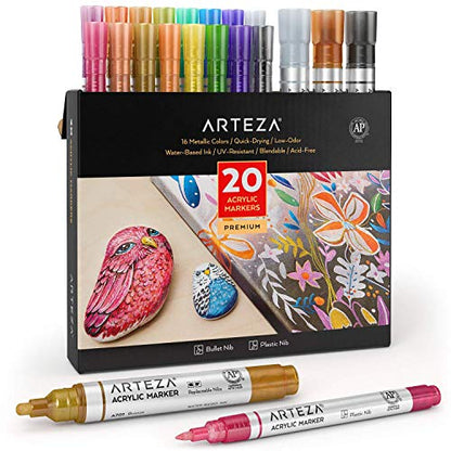 ARTEZA Metallic Acrylic Paint Markers, Set of 20, Paint Pens with Bullet and Wide Nib, Art & Craft Supplies for Glass, Pottery, Ceramic, Plastic,