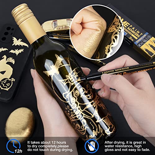 Art Liquid Gold Chrome Markers, KERIFI Reflective Gloss Metallic Chrome Marker Set, Supper Golden Mirror Marker Permanent, Touch Up Repair Paint Pen KERIFI