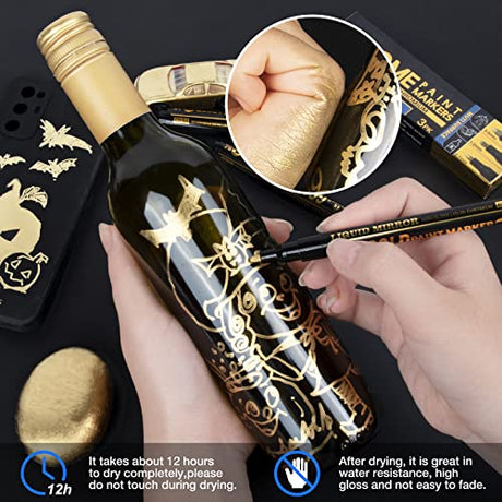Art Liquid Gold Chrome Markers, KERIFI Reflective Gloss Metallic Chrome Marker Set, Supper Golden Mirror Marker Permanent, Touch Up Repair Paint Pen KERIFI
