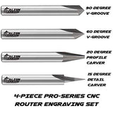 Align Carbide 4-Piece Engraving Set, CNC Wood Carving Router Bits, 60° & 90° V-Groove, 20° Profile - Flat Tip, 15° Detail Carving Liner, All 1/4 Inch ALIGN CARBIDE