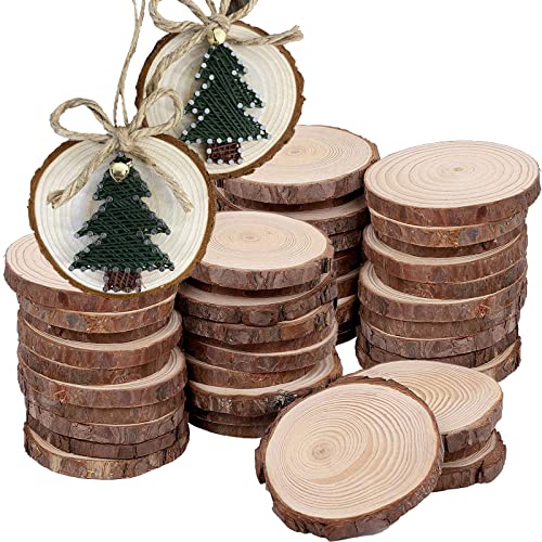 KINJOEK 36 PCS Natural Wood Slices 3.5-4 Inch with Bark Unfinished Wood Circles for Coasters DIY Crafts Wedding Decorations Christmas Ornaments KINJOEK