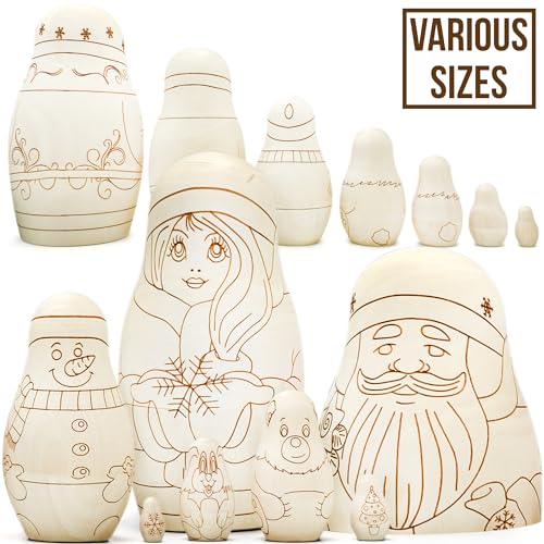 AEVVV Unfinished Russian Christmas Crafts Set 7 pcs - Unpainted Christmas Nesting Dolls Blank - Paint Your Own Matryoshka Father Frost, Snow Maiden, - WoodArtSupply