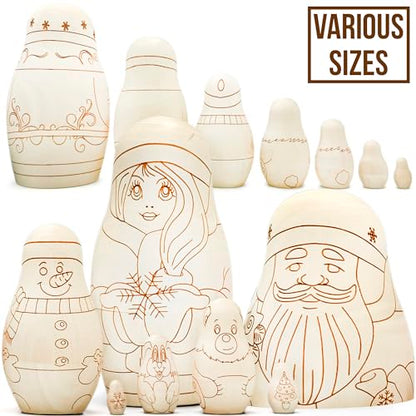 AEVVV Unfinished Russian Christmas Crafts Set 7 pcs - Unpainted Christmas Nesting Dolls Blank - Paint Your Own Matryoshka Father Frost, Snow Maiden, - WoodArtSupply