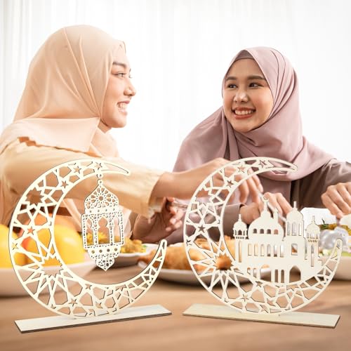 2 Pieces Wood Ramadan Decorations Islamic Eid Mubarak Kareem Table Sign Moon Hollow Star Ornament for Muslim Party Tabletop Decor Home Art Craft - WoodArtSupply