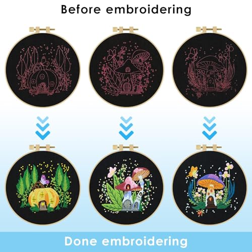 ERKOON 5 Sets Embroidery Kit for Beginners, Art Craft Handy Sewing Set Mushroom Cross Stitch Starter Kits, DIY Embroidery Kits with Patterns and ERKOON