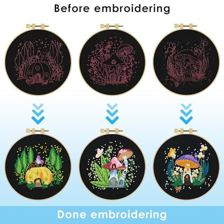 ERKOON 5 Sets Embroidery Kit for Beginners, Art Craft Handy Sewing Set Mushroom Cross Stitch Starter Kits, DIY Embroidery Kits with Patterns and ERKOON