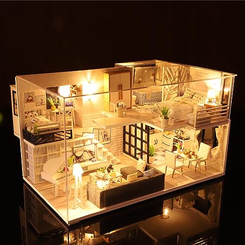 DIY Miniature Dollhouse Kit, Tiny House Model Kit with Music Box & LED Light & Dust Proof Cover, 1:24 Scale, 3D Wooden Puzzle for Adults, Handmade Hallisun