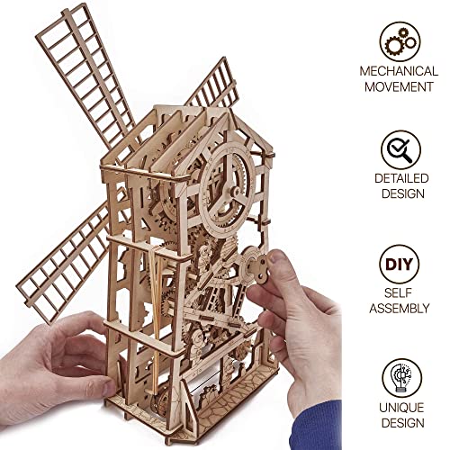 Wood Trick Windmill Rotating Mechanical Model - 3D Wooden Puzzles for Adults and Kids to Build - Engineering DIY Wooden Models for Adults to Build Wood Trick