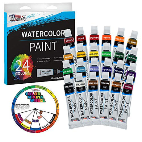 U.S. Art Supply Professional 24 Color Set of Watercolor Paint in 12ml Tubes - Vivid Colors Kit for Artists, Students, Beginners - Color Mixing Wheel U.S. Art Supply