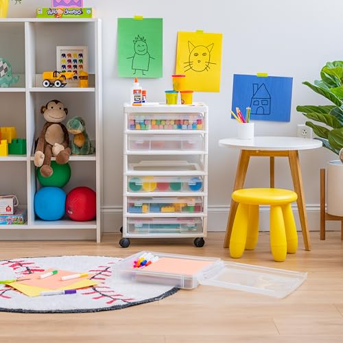 IRIS USA 6-Tier Scrapbook Storage Cart with Organizer Top for Papers, Vinyl, Office, Art and Crafting Supplies, White with 6 Clear Scrapbook Cases IRIS