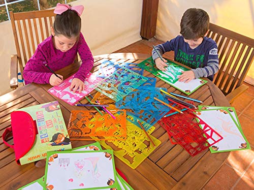 Drawing Stencils for Kids Kit & Carry Case – – Child-Safe, Non-Toxic Stencil Set with 300 Shapes, Colored Pencils, Paper, Etc. – Travel Art Supplies Art with smile