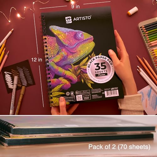 ARTISTO 9x12" Premium Black Paper Pads, Spiral Bound Sketchbook, Pack of 2, 70 Sheets (150g/m2), Acid-Free Drawing Paper, Ideal for Kids, Teens & - WoodArtSupply