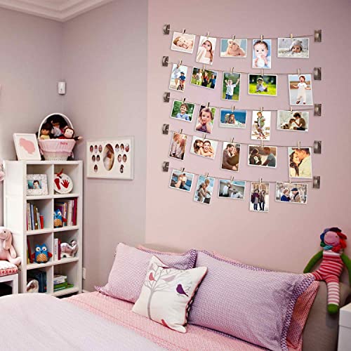 Emfogo Hanging Photo Display, Wood Picture Photo Frame for Wall DIY Decor 5 Strings with 30 Clips, Adjustable Twines fit Multi Pictures Frames - WoodArtSupply