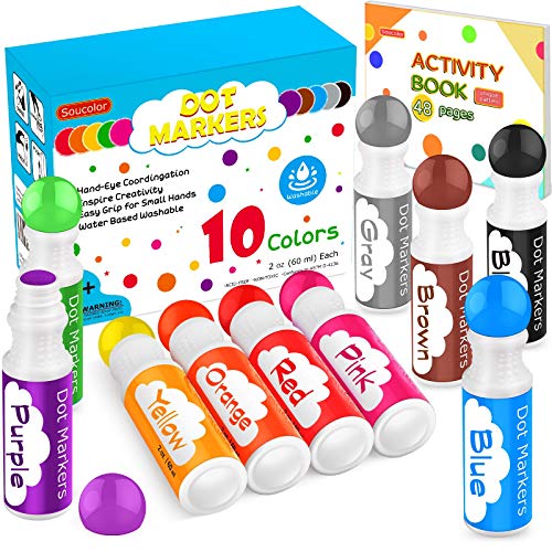 Soucolor Washable Dot Markers for Toddlers Kids Preschool, 10 Colors 2 oz Bingo Daubers Paint Markers Set with 48 Pages Tearable Activity Book for Soucolor
