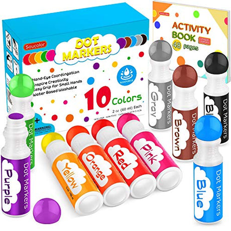 Soucolor Washable Dot Markers for Toddlers Kids Preschool, 10 Colors 2 oz Bingo Daubers Paint Markers Set with 48 Pages Tearable Activity Book for Soucolor