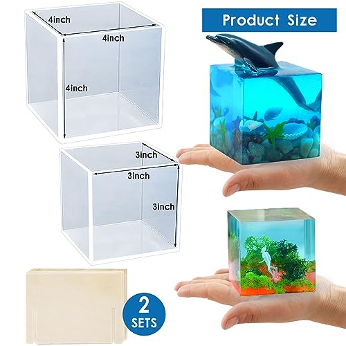 Voaesdk 2Pcs Large Cube Resin Molds, 4'' & 3'' Clear Silicone Cube Molds, Resin Flower Preservation Kit, Transparent Deep Square Epoxy Resin Molds Voaesdk