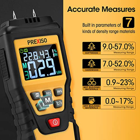 PREXISO Wood Moisture Meter - 7 in 1Digital Moisture Meter for Firewood, Woodworking, Walls, Home, Drywall, Paper, Floor - Moisture Reader, Pin-Type Prexiso