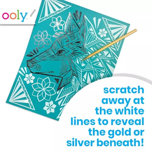 Ooly Scratch & Shine: Silver & Gold Foil Scratch Art for Kids, 6 Foil Art Scratch Paper & Scratch Tool, Scratch Art Paper Kit for Kids, Kids Crafts,