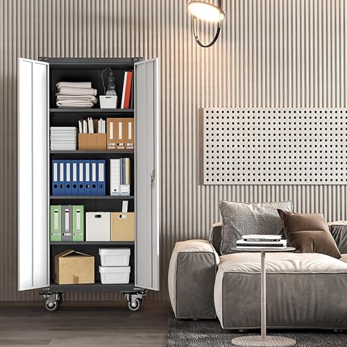 Waqiv 71" Metal Storage Cabinet with Wheels,Garage Storage Cabinet with Locking Doors and 4 Shelves,Lockable Rolling Tool Cabinet for Home - WoodArtSupply