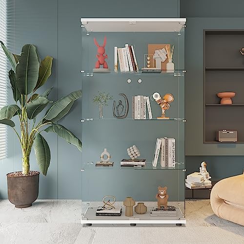Beauty4U Glass Display Cabinet with 4 Shelves, 2 Doors Curio Cabinets for Living Room, Bedroom, Office, White Floor Standing Glass Bookshelf, Quick