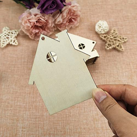 20pcs Wooden House Shaped DIY Craft Cutouts Unfinished Wood with Ropes Embellishments Gift Tags Ornaments for Wedding Home Christmas Party Decoration JANOU