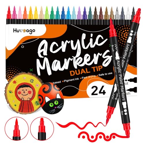 Huvoago 24 Colors Acrylic Paint Pens, Dual Tip Paint Markers With Dot Tip and Brush Tip for Rock Painting, Ceramic, Wood, Plastic, Glass, Art