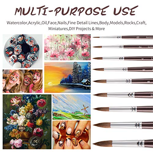 Sable Watercolor Brushes, Fuumuui 9pcs Detail to Mop Kolinsky Sable Brushes Round Pointed Professional Watercolor Brushes Perfect for Watercolor - WoodArtSupply