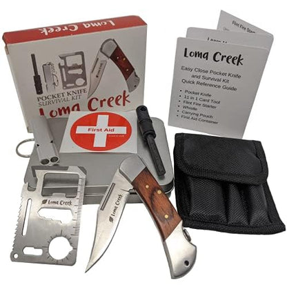 Kids Pocket Knife & Camping Essentials Kit - Multi-Tool Card, Whistle & Fire Starter in a Carrying Case. Easy Close Safety Lock on Knife. Great First - WoodArtSupply